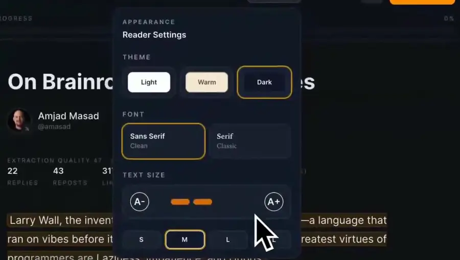 reader settings: theme, font, size